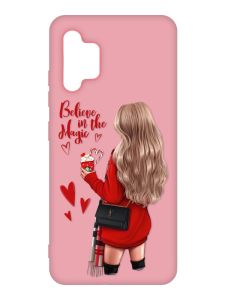 Матовий рожевий чохол на Samsung Galaxy A32 :: Дівчина з кавою (принт 137)