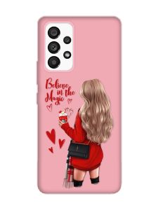 Матовий рожевий чохол на Samsung Galaxy A53 4G/5G :: Дівчина з кавою (принт 137)