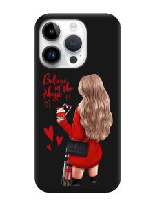 Матовий чорний чохол на Apple iPhone 14 Pro :: Дівчина з кавою (принт 137)