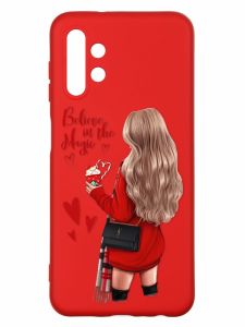 Матовий червоний чохол на Samsung A13 4G :: Дівчина з кавою (принт 137)