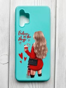Матовий бірюзовий чохол на Samsung Galaxy A32 :: Дівчина з кавою (принт 137)