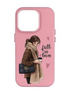 Матовий рожевий чохол на Apple iPhone 14 Pro Max :: Дівчина з кавою (принт 112)
