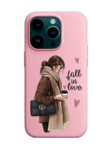 Матовий рожевий чохол на Apple iPhone 14 Pro :: Дівчина з кавою (принт 112)