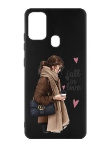 Матовий чорний чохол на Samsung Galaxy M30s/M21 :: Дівчина з кавою (принт 112)