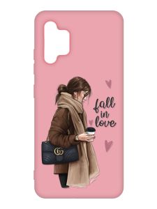 Матовий рожевий чохол на Samsung Galaxy A32 :: Дівчина з кавою (принт 112)