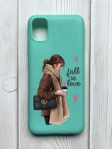 Матовий бірюзовий чохол на Samsung Galaxy A04E / A042 :: Дівчина з кавою (принт 112)