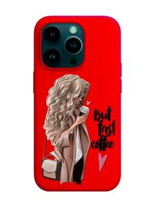 Матовий червоний чохол на Apple iPhone 14 Pro :: Дівчина з кавою (принт 114)
