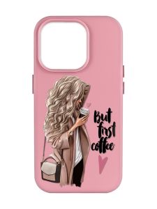 Матовий рожевий чохол на Apple iPhone 14 Pro Max :: Дівчина з кавою (принт 114)