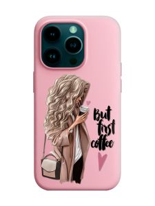 Матовий рожевий чохол на Apple iPhone 14 Pro :: Дівчина з кавою (принт 114)