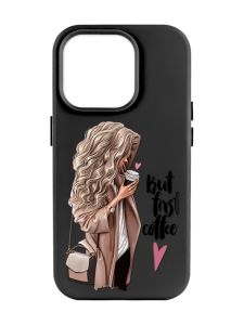 Матовий чорний чохол на Apple iPhone 14 Pro Max :: Дівчина з кавою (принт 114)