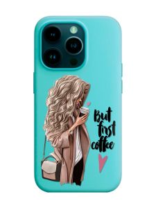Матовий бірюзовий чохол на Apple iPhone 14 Pro :: Дівчина з кавою (принт 114)