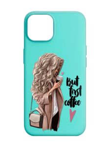 Матовий бірюзовий чохол на Apple iPhone 14 :: Дівчина з кавою (принт 114)