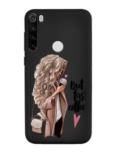 Матовий чорний чохол на Xiaomi Redmi Note 8T :: Дівчина з кавою (принт 114)