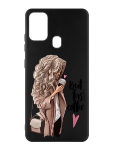 Матовий чорний чохол на Samsung Galaxy M30s/M21 :: Дівчина з кавою (принт 114)