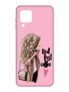 Матовий рожевий чохол на Samsung Galaxy M32/A22/M22 4G :: Дівчина з кавою (принт 114)