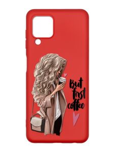 Матовий червоний чохол на Samsung Galaxy M32/A22/M22 4G :: Дівчина з кавою (принт 114)