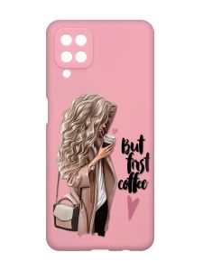 Матовий рожевий чохол на Samsung Galaxy A12 :: Дівчина з кавою (принт 114)