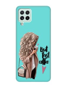 Матовий бірюзовий чохол на Samsung Galaxy M32/M22/A22 4G :: Дівчина з кавою (принт 114)