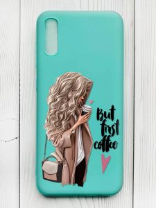Матовий бірюзовий чохол на Xiaomi Redmi 9А :: Дівчина з кавою (принт 114)