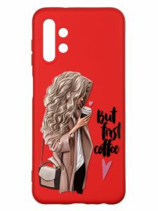 Матовий червоний чохол на Samsung A13 4G :: Дівчина з кавою (принт 114)