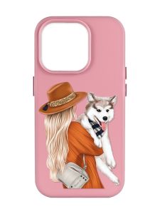 Матовий рожевий чохол на Apple iPhone 14 Pro Max :: Дівчина з песиком (принт 115)