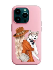 Матовий рожевий чохол на Apple iPhone 14 Pro :: Дівчина з песиком (принт 115)