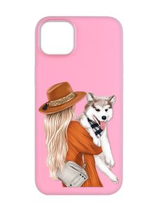 Матовий рожевий чохол на Apple iPhone 14 Plus :: Дівчина з песиком (принт 115)
