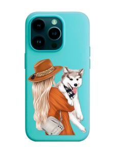 Матовий бірюзовий чохол на Apple iPhone 14 Pro :: Дівчина з песиком (принт 115)