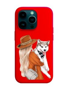 Матовий червоний чохол на Apple iPhone 14 Pro :: Дівчина з песиком (принт 115)