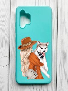 Матовий бірюзовий чохол на Samsung Galaxy A32 :: Дівчина з песиком (принт 115)