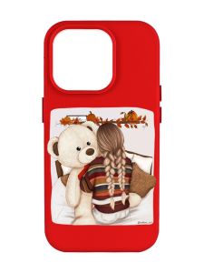 Матовий червоний чохол на Apple iPhone 14 Pro Max :: Дівчинка з ведмедиком (принт 117)