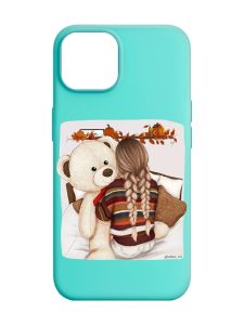 Матовий бірюзовий чохол на Apple iPhone 14 :: Дівчинка з ведмедиком (принт 117)