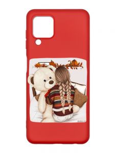Матовий червоний чохол на Samsung Galaxy M32/A22/M22 4G :: Дівчинка з ведмедиком (принт 117)