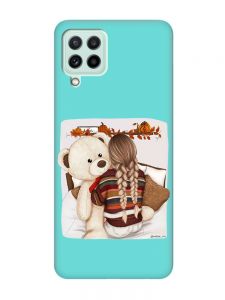 Матовий бірюзовий чохол на Samsung Galaxy M32/M22/A22 4G :: Дівчинка з ведмедиком (принт 117)