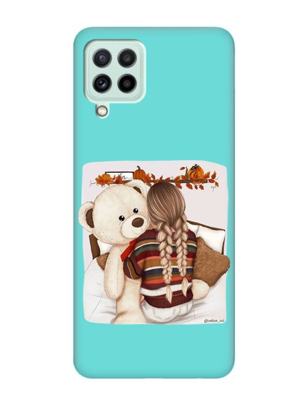 Матовий бірюзовий чохол на Samsung Galaxy M32/M22/A22 4G :: Дівчинка з ведмедиком (принт 117)