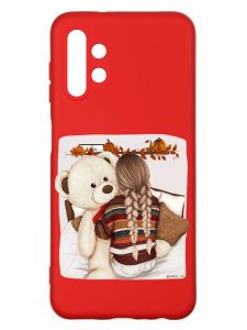 Матовий червоний чохол на Samsung A13 4G :: Дівчинка з ведмедиком (принт 117)