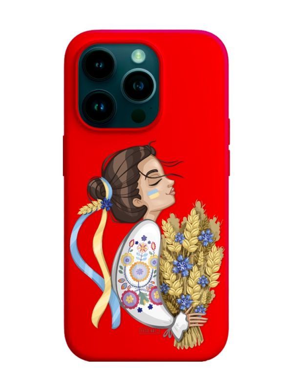 Матовий червоний чохол на Apple iPhone 14 Pro :: Українка з колосками (патріотичний принт 172)
