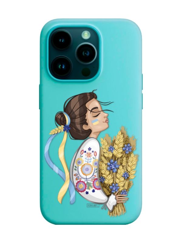 Матовий бірюзовий чохол на Apple iPhone 14 Pro :: Українка з колосками (патріотичний принт 172)