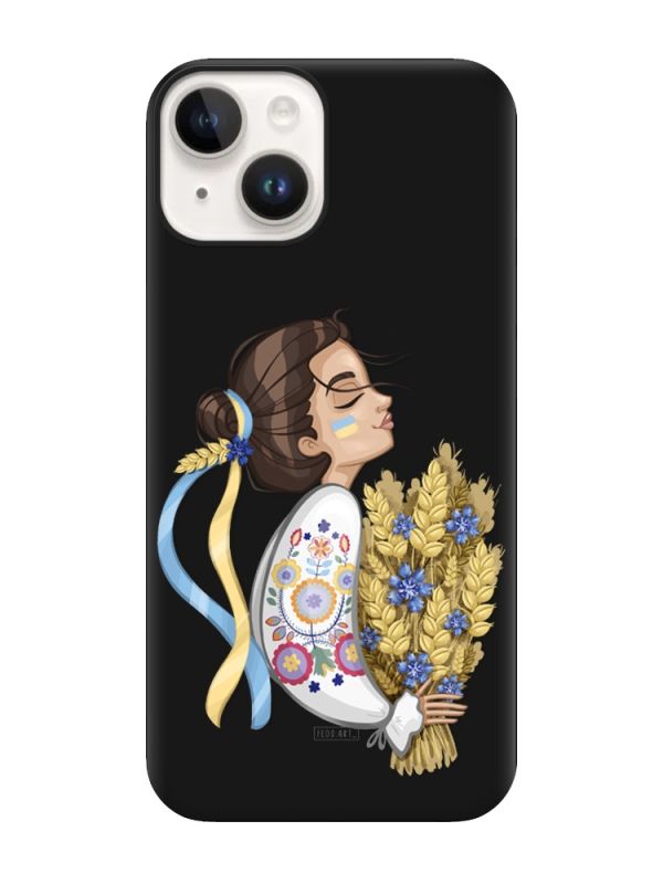 Матовий чорний чохол на Apple iPhone 14 :: Українка з колосками (патріотичний принт 172)