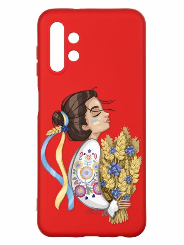 Матовий червоний чохол на Samsung A13 4G :: Українка з колосками (патріотичний принт 172)