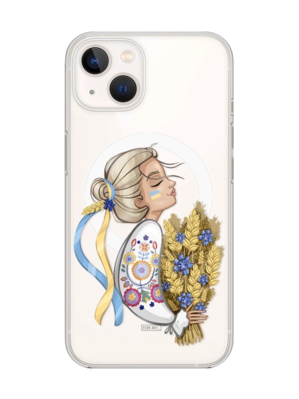 Магнітний чохол на iPhone 14 Plus із підтримкою MagSafe :: Українка з колосками (патріотичний принт 173)