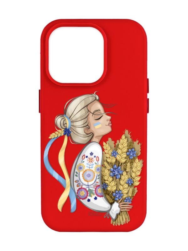 Матовий червоний чохол на Apple iPhone 14 Pro Max :: Українка з колосками (патріотичний принт 173)