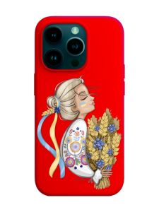 Матовий червоний чохол на Apple iPhone 14 Pro :: Українка з колосками (патріотичний принт 173)