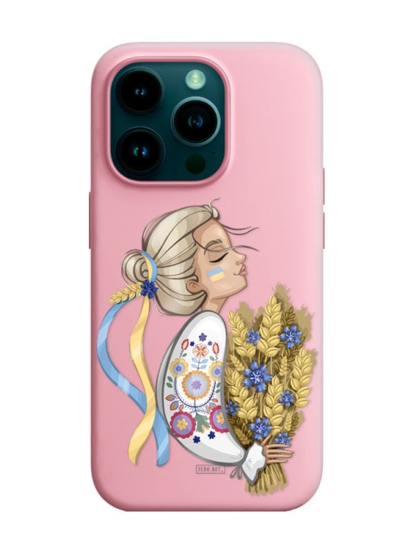 Матовий рожевий чохол на Apple iPhone 14 Pro :: Українка з колосками (патріотичний принт 173)