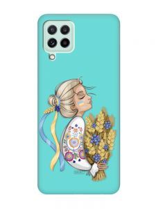 Матовий бірюзовий чохол на Samsung Galaxy M32/M22/A22 4G :: Українка з колосками (патріотичний принт 173)