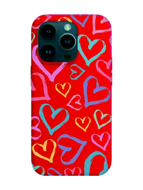 Матовий червоний чохол на Apple iPhone 14 Pro :: Різнокольорові сердечка (принт 332)