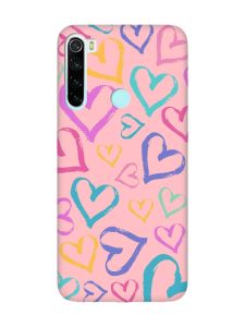 Матовий рожевий чохол на Xiaomi Redmi Note 8 :: Різнокольорові сердечка (принт 332)