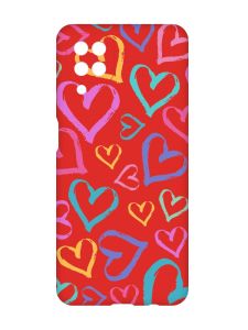 Матовий червоний чохол на Samsung Galaxy A12 :: Різнокольорові сердечка (принт 332)