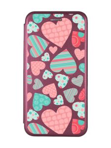 Чохол-книжка з малюнком для Samsung Galaxy A03 Сore/ A032 Бордовий :: Різнокольорові сердечка (принт 334)