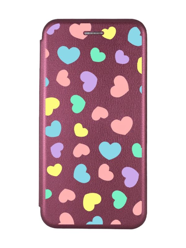 Чохол-книжка з малюнком для Samsung Galaxy M32/A22/M22 4G Бордовий :: Різнокольорові сердечка (принт 335)